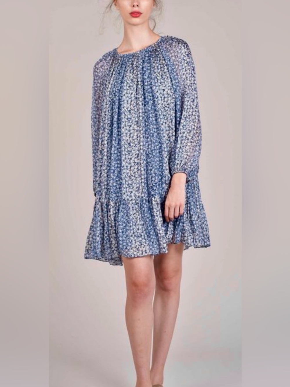 Ulla Johnson Adena Silk Babydoll Dress Size 4 blue floral with metallic threads
